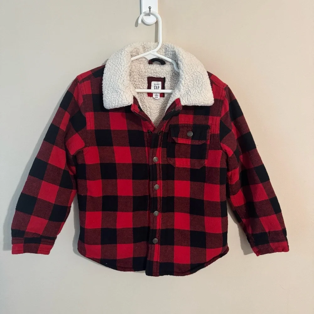 Baby Gap Boys Size 5 Years Red Buffalo Plaid Sherpa Collared Outdoor Jacket
